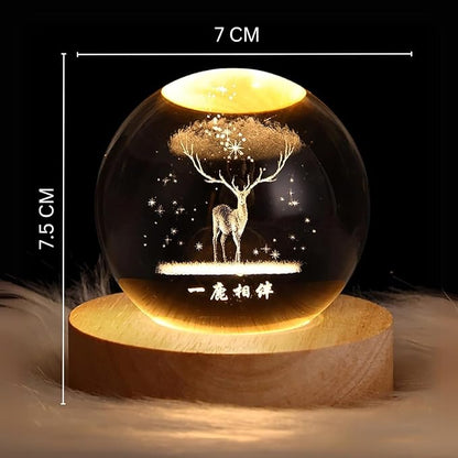 3D Deer Crystal Globe Lamp Creative Engraved Crystal Ball Night Light USB Table LED Wooden Crystal Ball everydayyfinds