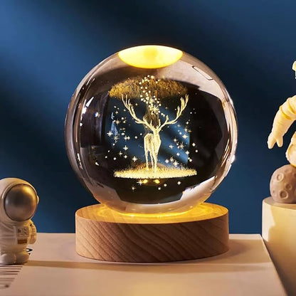 3D Deer Crystal Globe Lamp Creative Engraved Crystal Ball Night Light USB Table LED Wooden Crystal Ball everydayyfinds