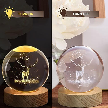 3D Deer Crystal Globe Lamp Creative Engraved Crystal Ball Night Light USB Table LED Wooden Crystal Ball everydayyfinds