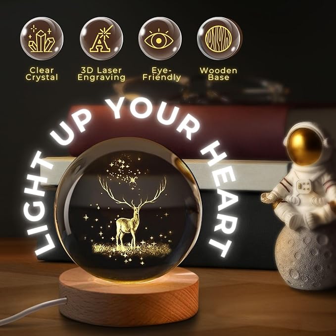 3D Deer Crystal Globe Lamp Creative Engraved Crystal Ball Night Light USB Table LED Wooden Crystal Ball everydayyfinds