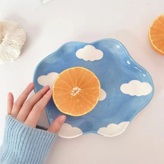 Cloud Painted Cute Ceramic Plate - Perfect for Fruit, Dessert, and Breakfast 9 Inches everydayyfinds