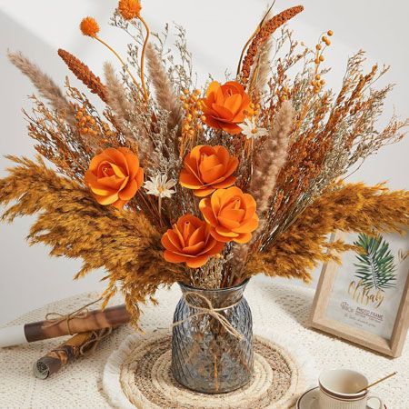 Fall Centerpieces Dried Flowers for Vase Included Fall Decor, Orange Pampas Grass and Faux Flowers in Vase everydayyfinds