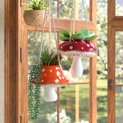 Set of Two Ceramic Toadstool Hanging PLANTERS everydayyfinds